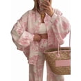 thumbnail image 2 of Women 2 Piece Outfits Sets Dressy Shirt Wide Leg Drawstring Pants Sets Pink L, 2 of 9