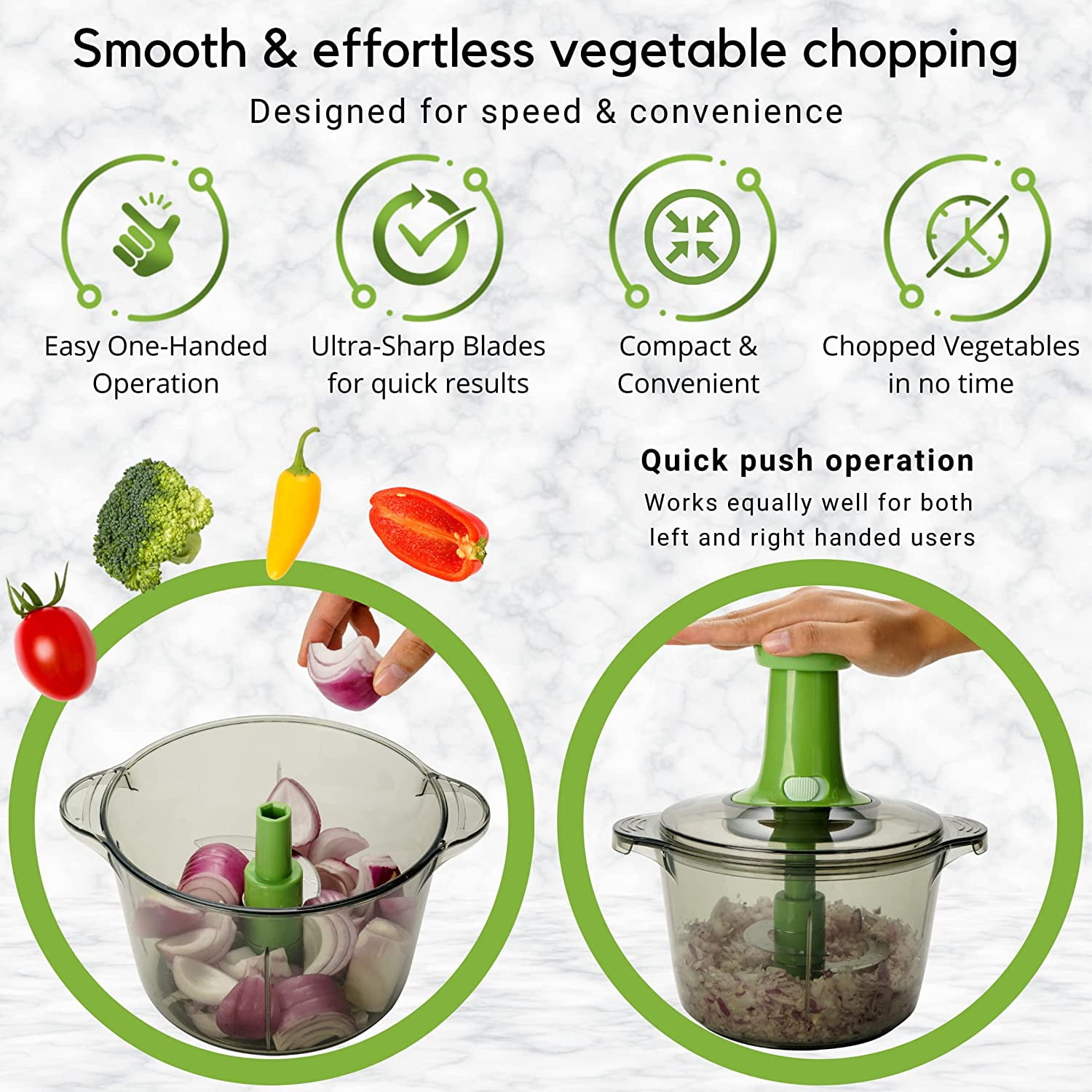 Brieftons QuickPush Food Chopper: Strongest & 200% More Container Capacity,  30% Heavier Duty, Fruit & Vegetable Chopper, Onion Chopper Vegetable