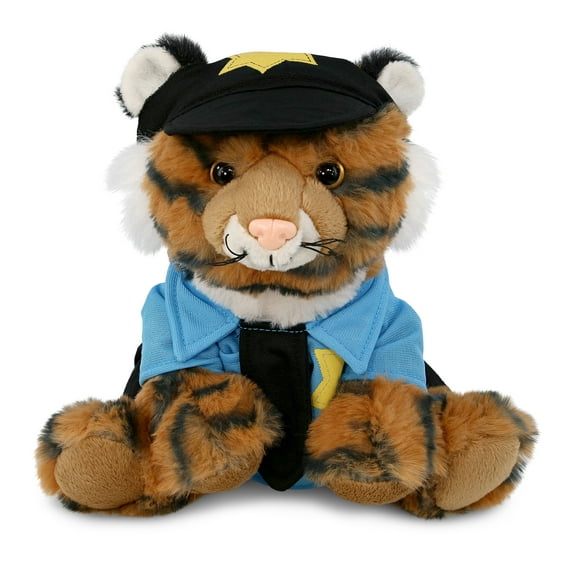 DolliBu Squat Tiger Police Officer Plush Toy – Super Soft Tiger Cop Stuffed Animal Dress Up Cop Uniform and Cap Outfit, Fluffy Tiger Policeman Toy Plush Gift for Kids – 8 Inches