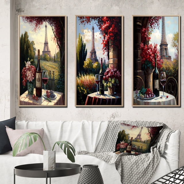 Designart "Savoring Red Wine by the Eiffel Tower in Paris I" French Landscape Framed Wall Art Set Of 3 - Red Landscape French Frame Canvas Set For Living Room Decor