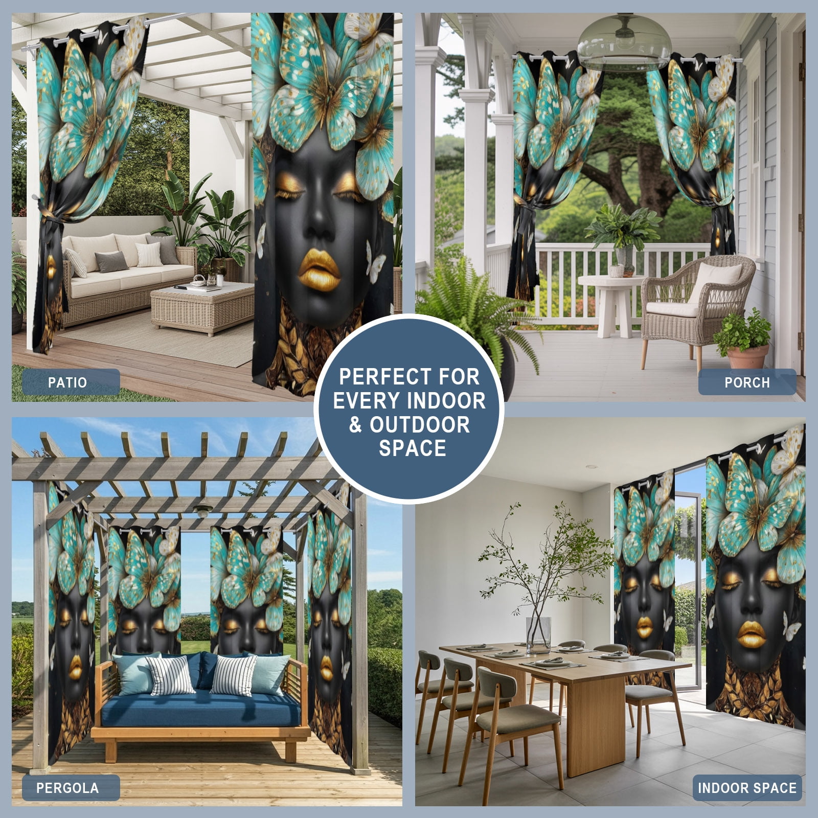 African American Outdoor Curtains for Patio, Woman Portrait Butterfly Luxury Sunshade Privacy Drapes Grommet Waterproof Outside Curtains for Porch/Cabana/Balcony 54"x 108", 1 Panel