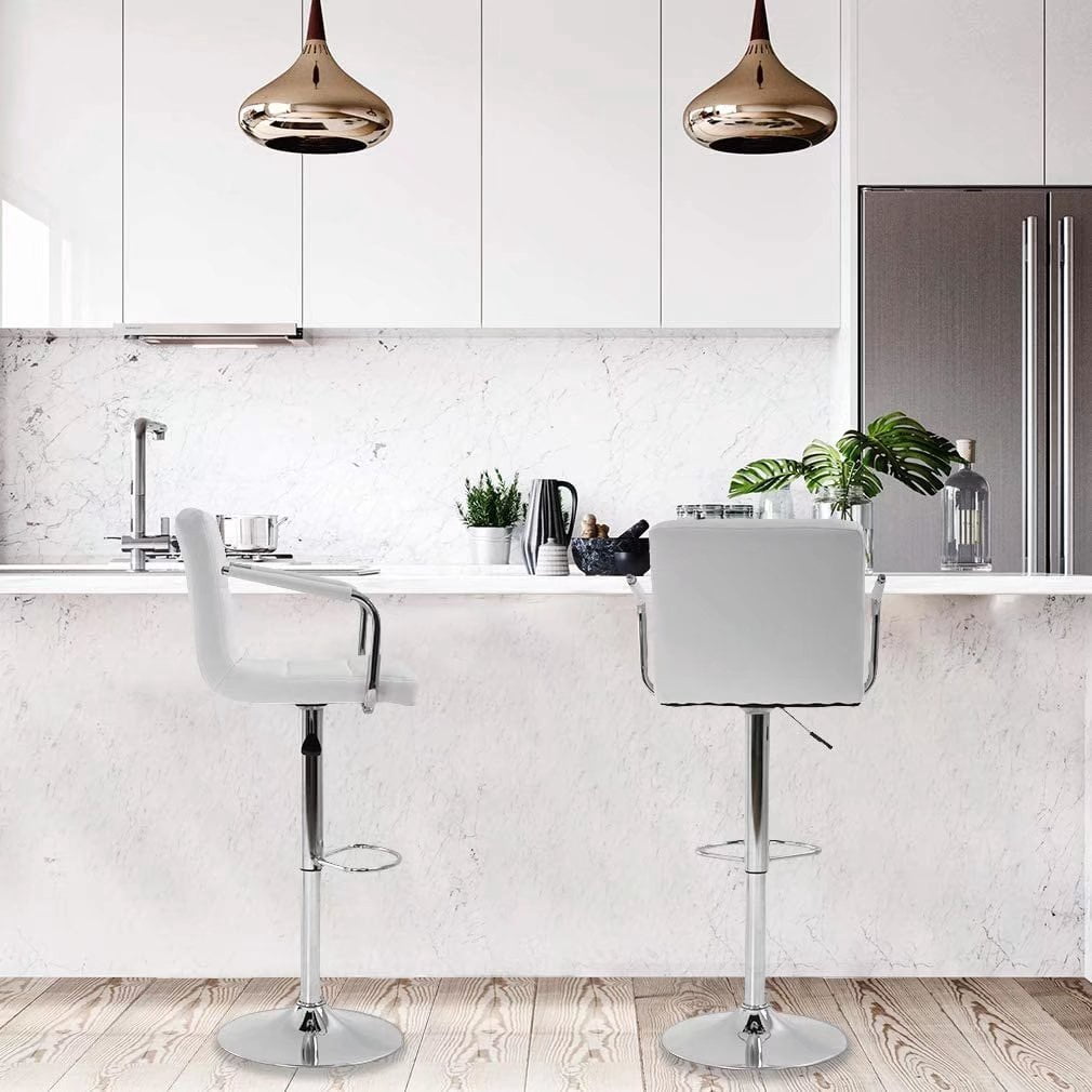 Dkeli Adjustable Square PU Leather Swivel Bar Stool with Armrest, White (Set of 2)