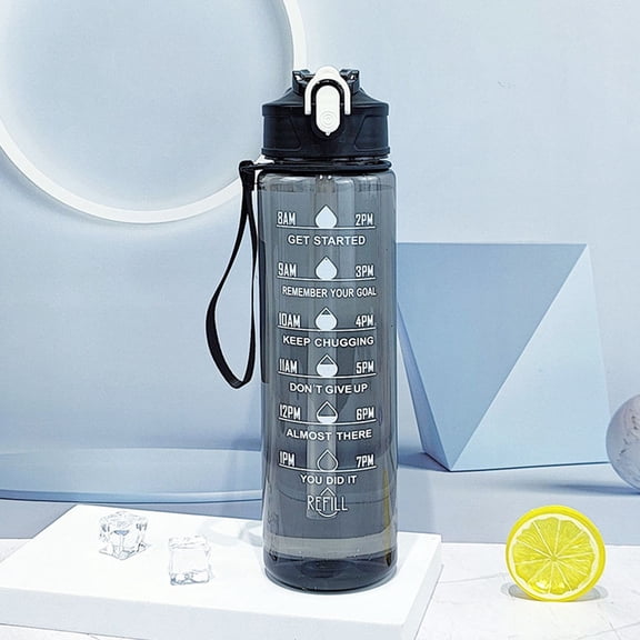 Tuvgenk Plastic Water Bottles with Straw, Handle & Time Marker Gym 25 Oz Water Bottle Flask Motivational Reusable Black for Hiking Office Travel