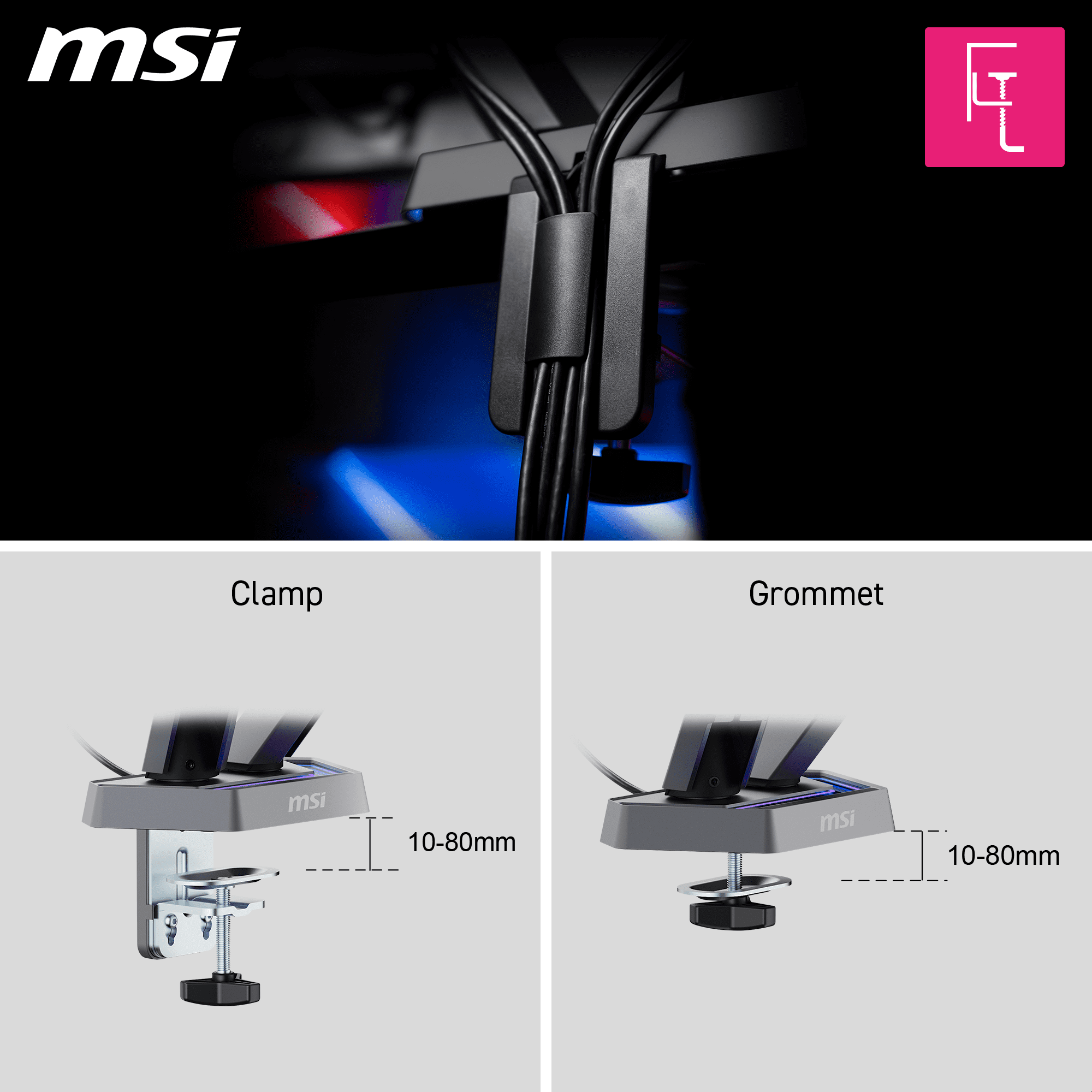 MSI MPG MT161DR WMT Dual Spring Gaming Monitor Desk Arm, Fully Adjustable Full Motion VESA Mount for up to 17 - 38 inch screen, RGB LED, Tool-free Installation, Clamp & Grommet, Cable Management