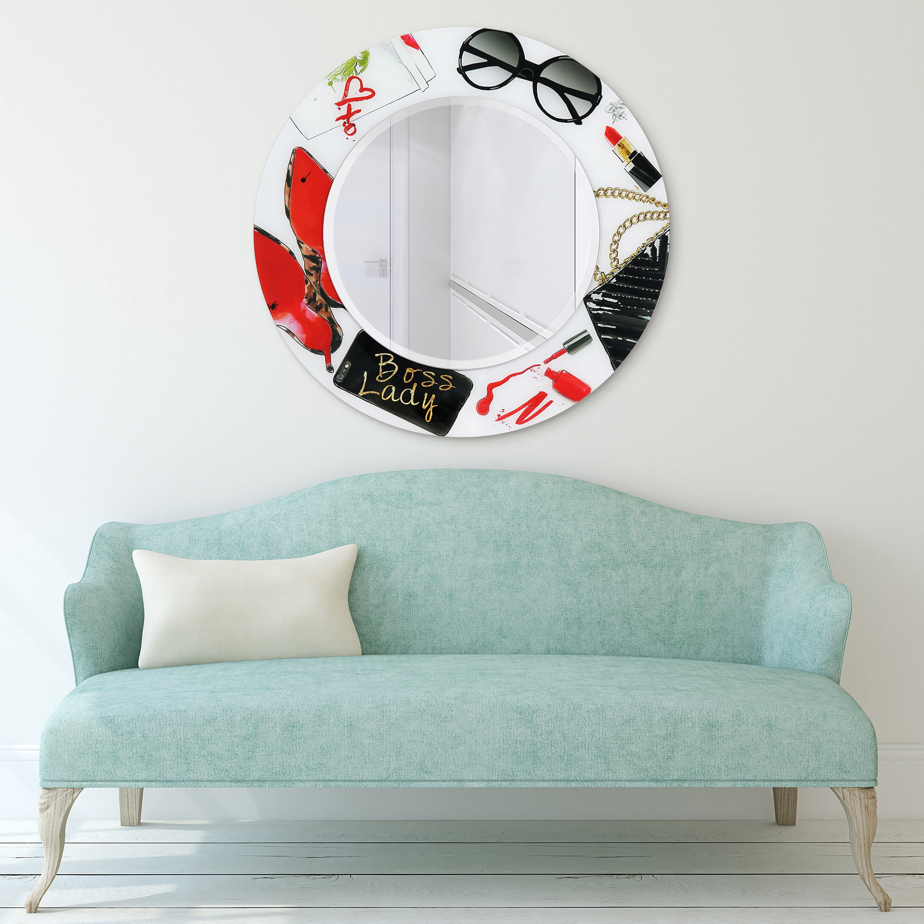 Empire Art Direct TAM-JP802-3636R-2424R 36 x 36 in. Boss Lady Round Beveled Mirror on Free Floating Reverse Printed Tempered Art Glass