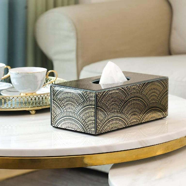 Art Deco Solid Wood Gold and Black Tissue Box Holder Cover with Glossy Enamel Detailed Fan Design Bathroom Facial Tissue Decorative Box with Easy