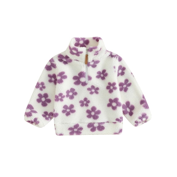 JYYYBF Toddler Baby Girls Fleece Coat Flower Print Stand Collar Quarter-Zip Pullover Sweatshirt Plush Jacket Winter Warm Outerwear