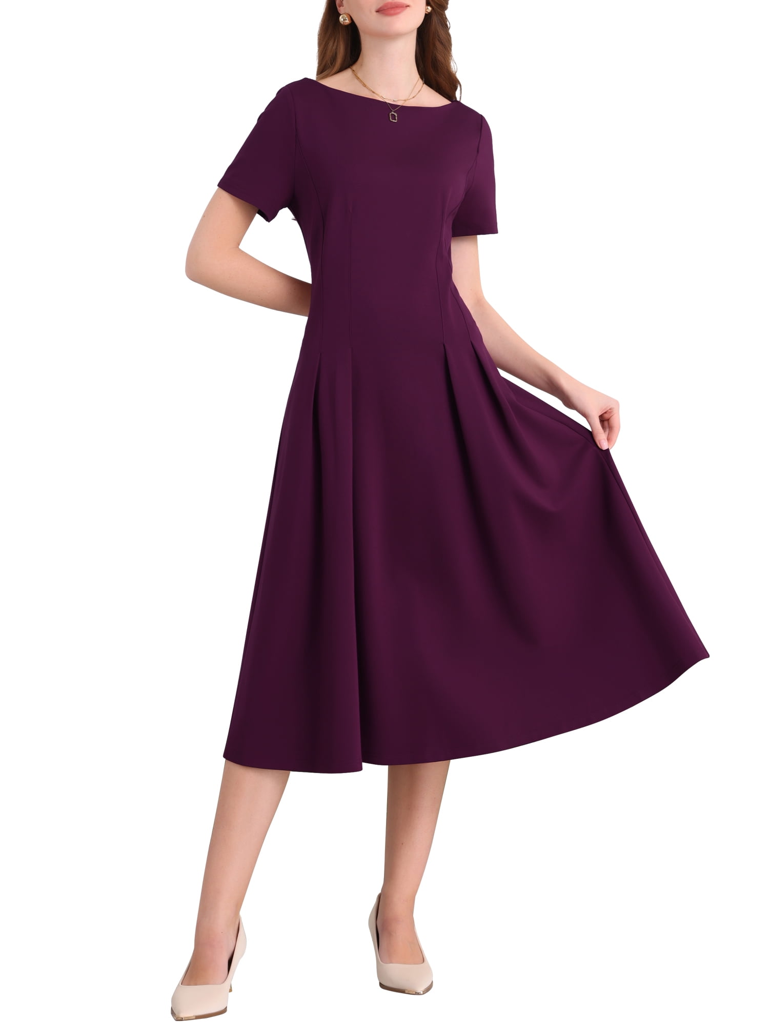 DARING DIVA Women's Boat Neck A-Line Midi Dress for Work Events M Purple Red