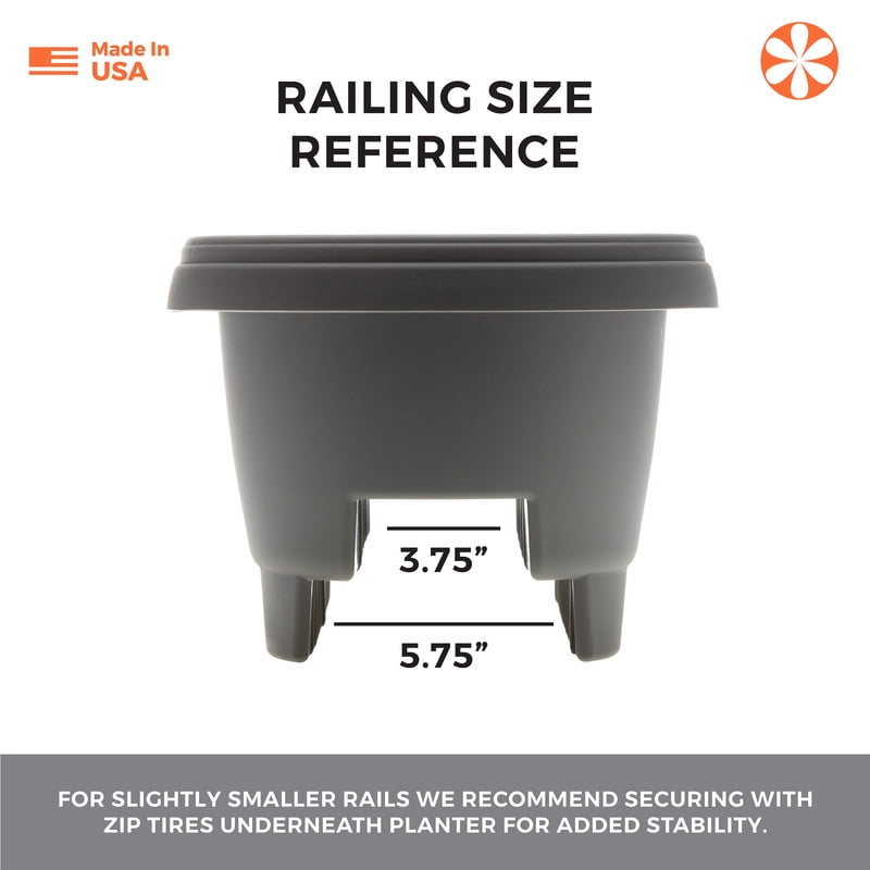 Bloem 12" Plastic Deck Rail Round Planter, 9" H, 12" L, 12" W, Fits Rail Sizes between 3.25" - 3.75" Wide, Charcoal
