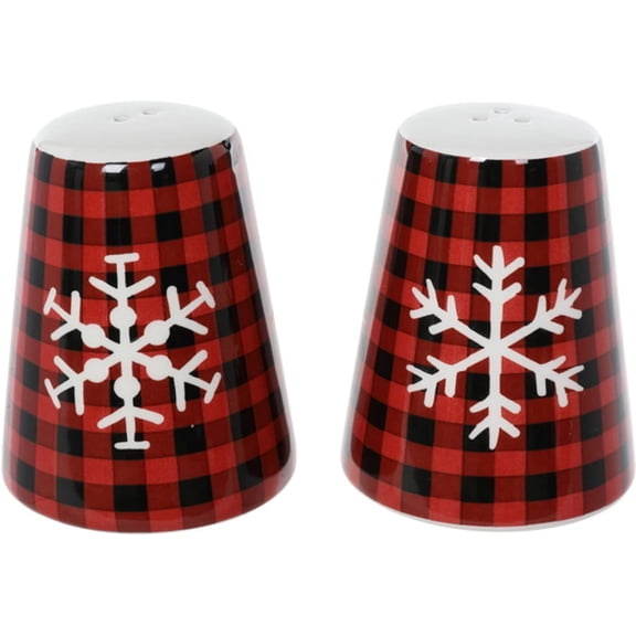 Buffalo Check Snowflake Salt & Pepper Shaker Set - Red & Black Checkered Plaid Cozy Cabin Christmas Decor