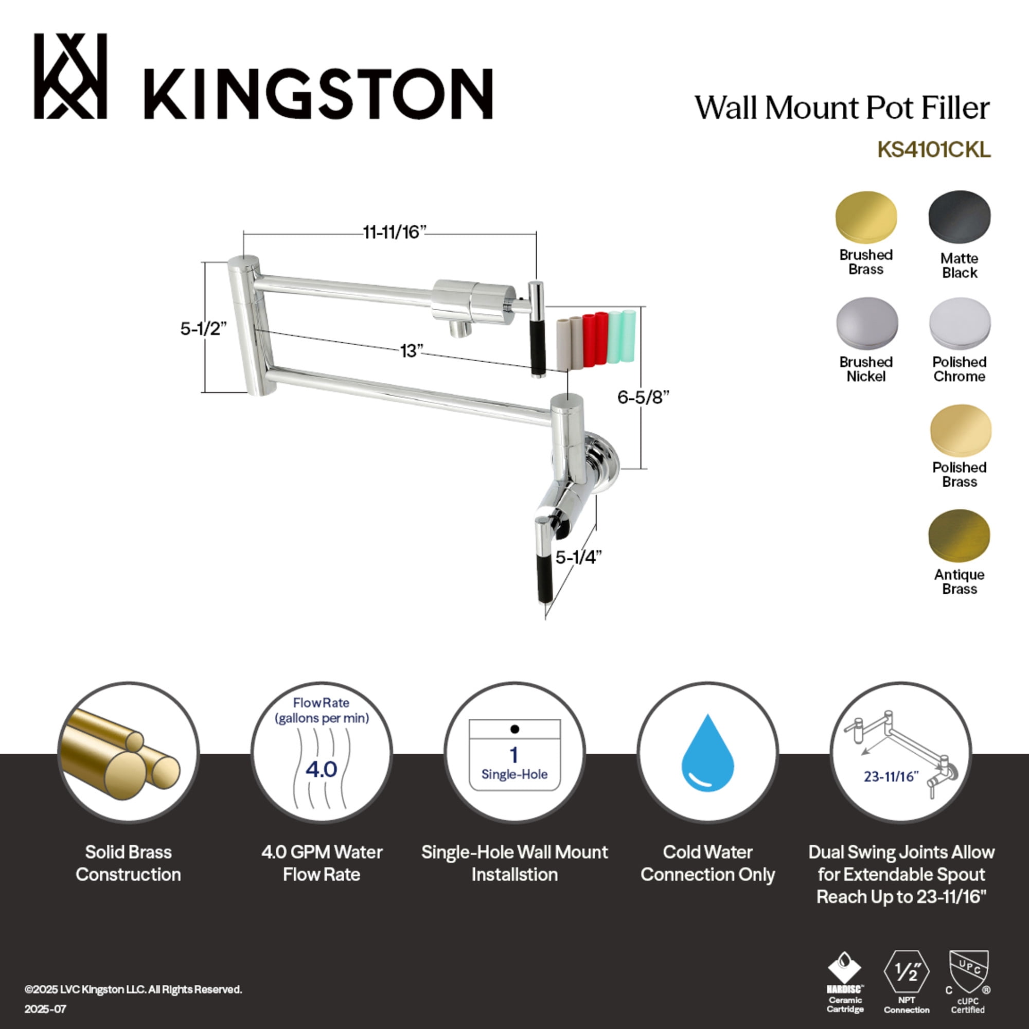 Kingston Brass KS4102CKL Kaiser Two-Handle 1-Hole Wall Mount Pot Filler Faucet in Polished Brass