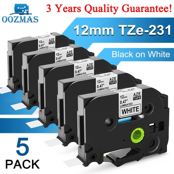 Oozmas 5PK Compatible for Brother P-touch TZe-231 TZe231 TZ-231 TZ231 0.47'' 12mm Black on White Label Maker Tape