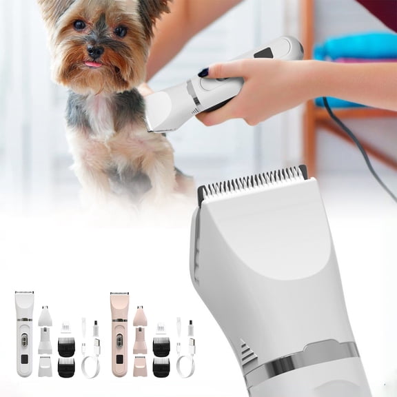Dog Grooming Clipper Kit 4 in 1 – Low Noise Pet Shaver with Nail Grinder, USB Rechargeable, Washable Blades for Dogs and Cats