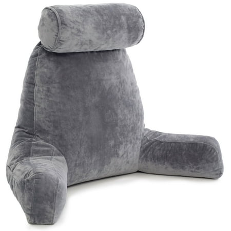 Comfort Reading Pillow (Husband Pillow - Dark Grey Big Reading & Bed Rest Pillow with Arms - Sit Up Tall with Premium Shredded Memory Foam, Detachable Neck Roll, Removable Plush Covers & Zipper)