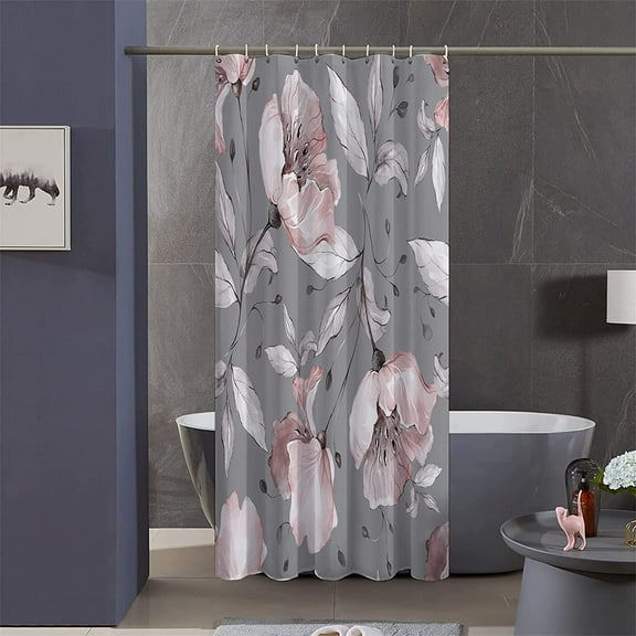 Stall Grey and Pink Floral Shower Curtain Sets,36Wx72H Inch Narrow RV Fabric Shower Curtains, Soft Waterproof Polyester Bathroom Curtains with Hooks