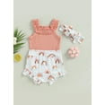 thumbnail image 3 of Caoirhny Newborn Infant Baby Girls Clothes Suits 0 3 6 12 18 Months Solid Color Ribbed Sleeveless Frills Sling Romper Rainbow Print Shorts Headband 3Pcs Set, 3 of 9
