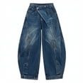 thumbnail image 4 of Women's Baggy Denim Jeans Criss Cross High Waisted Wide Leg Pants Asymmetrical Y2K Streetwear Flattering Relaxed Fit Casual Vintage Trousers with Pockets, 4 of 5