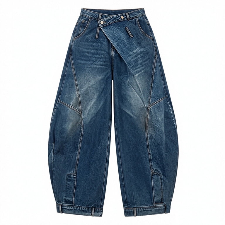 Women's High Waist Reverse Fold Waist Wide Leg Jeans, Vintage Dark