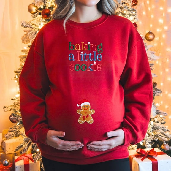 Baking A Little Cookie Embroidered Sweatshirt, Maternity Christmas Embroidery Shirt, Xmas Pregnancy Announcement Gift, Funny Baby Reveal