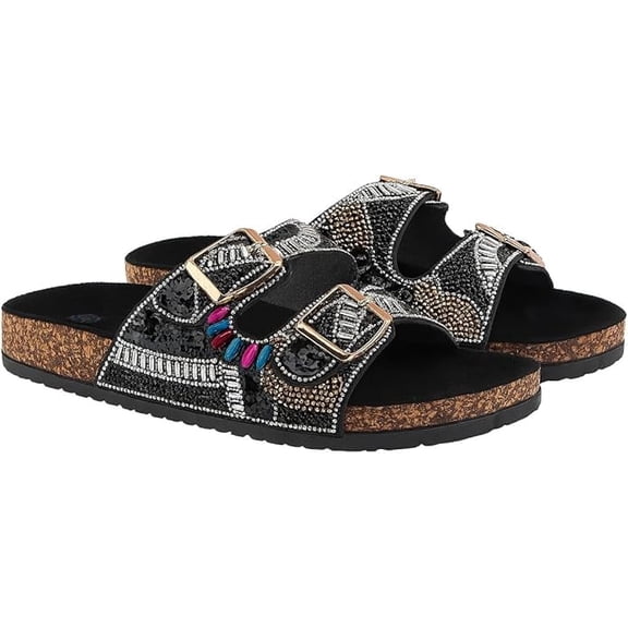 Women's Fancy Beaded Handmade Sequin Slide Sandals with Buckle Straps, Black, 9