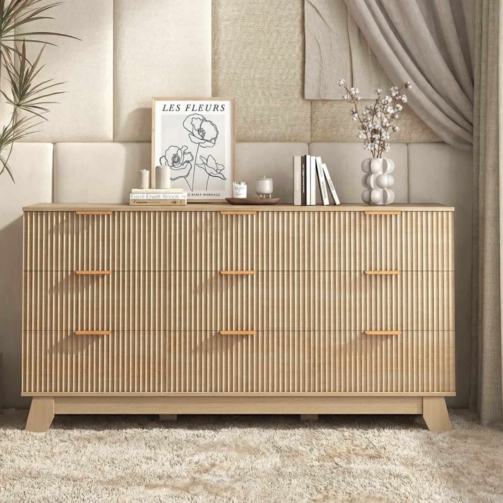 edx Fluted Dresser, 9 Drawer Dresser, Modern Wooden Chest of Drawers with Heightened Legs for Bedroom, Natural