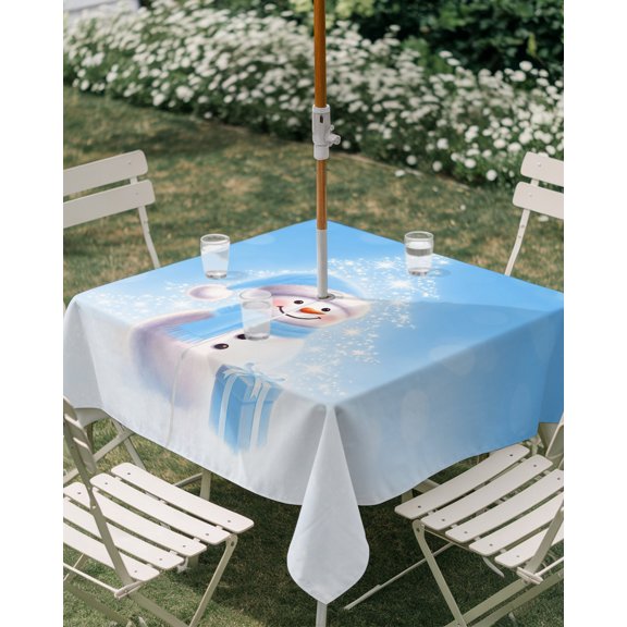 Outdoor Tablecloth with Umbrella Hole, Winter Christmas Snowman Shining Star Zippered Table Cloth for Rectangle Tables, Abstract Xmas Tree Blue Waterproof Tablecloths for Picnic Patio Garden