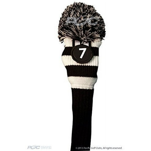 Majek #7 Fairway Metal Wood Black & White Golf Headcover Knit Pom Pom Retro Classic Vintage Head Cover