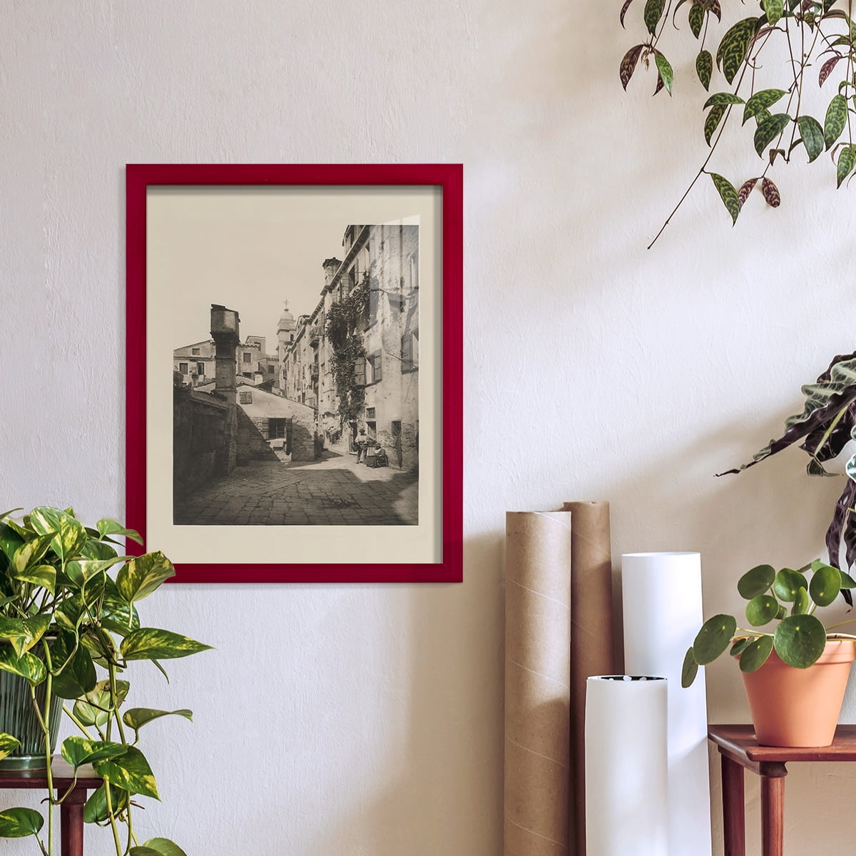 Vintage Views of Venice VIII - Framed Print w/glass - Cherry Red