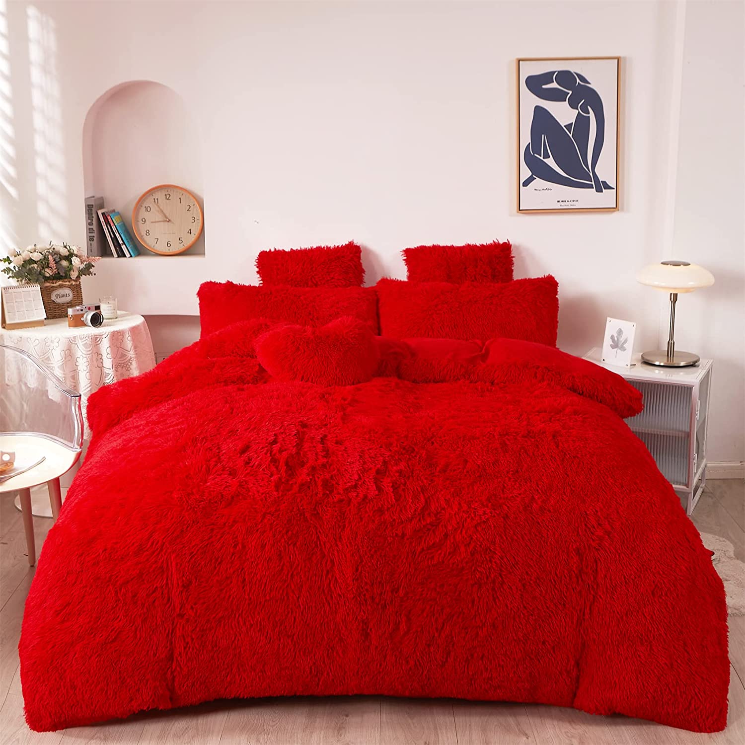 Faux Fur Plush red Comforter Cover Queen Set 9 Pieces，Shaggy Luxury red