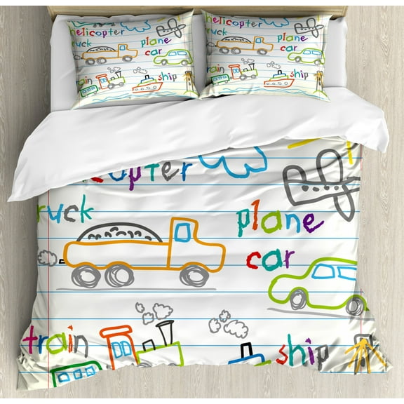 Educational King Size Duvet Cover Set, Child's Drawing of Colorful Transport Icons Notebook Page Background Print, Decorative 3 Piece Bedding Set with 2 Pillow Shams, Multicolor, by Ambesonne
