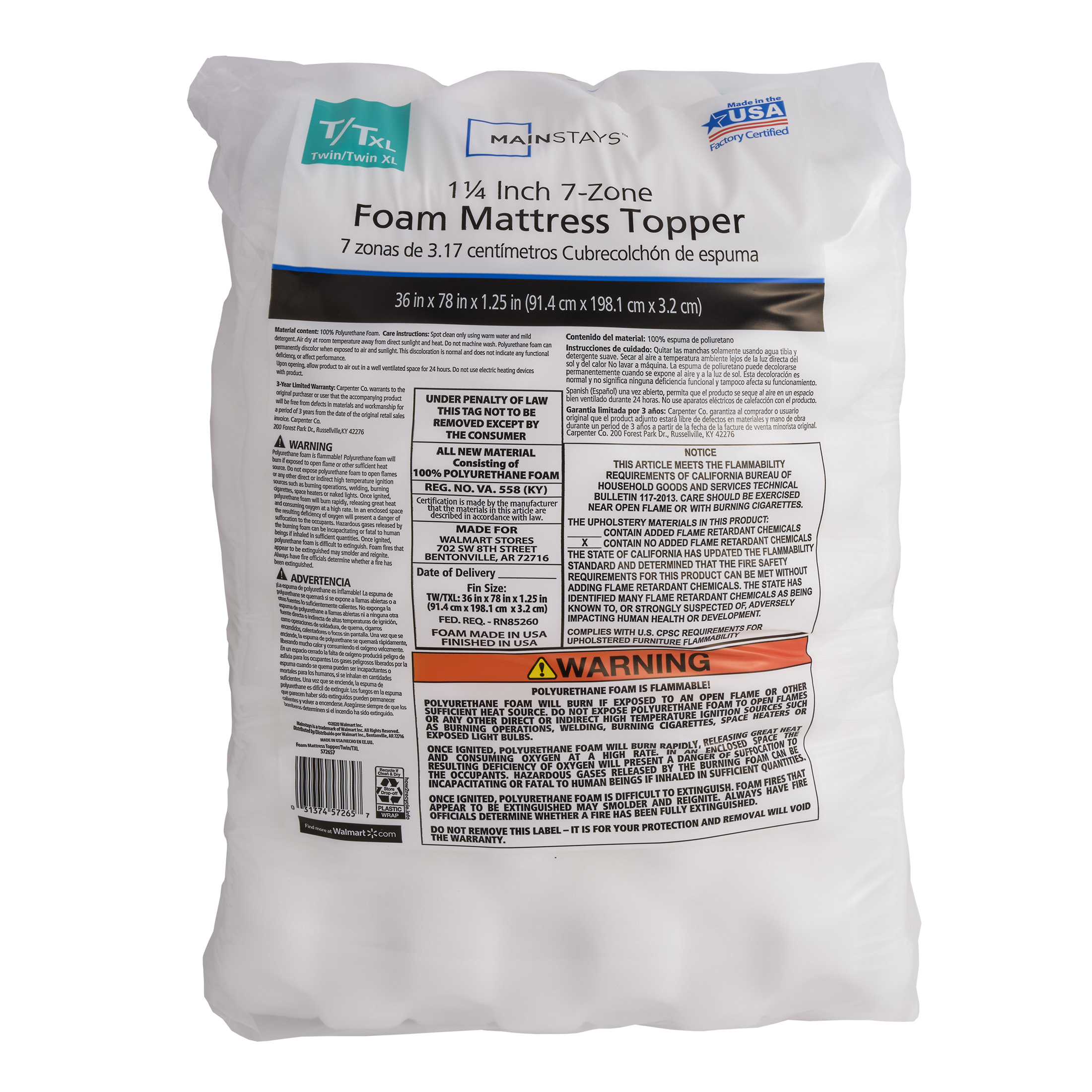 Mainstays 1.25-Inch 7-Zone Foam Mattress Topper, Twin/Twin XL, White photo 7