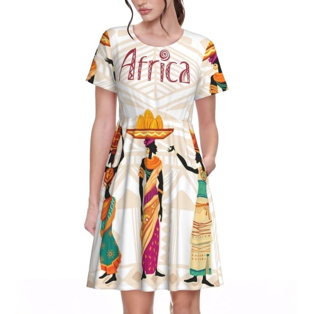 Easygdp Black African Woman para Vestido Transpirable de Mujer, Vestido Suelto de Manga Corta con Pliegues y Bolsillos para el Verano