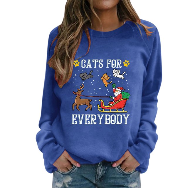Gibobby Jersey de forro polar Sudadera de cuello Rojoondo con estampado navideño para mujer, de cuello Rojoondo, Tops, camisas casuales de manga larga, blusa suelta (Azul, L)