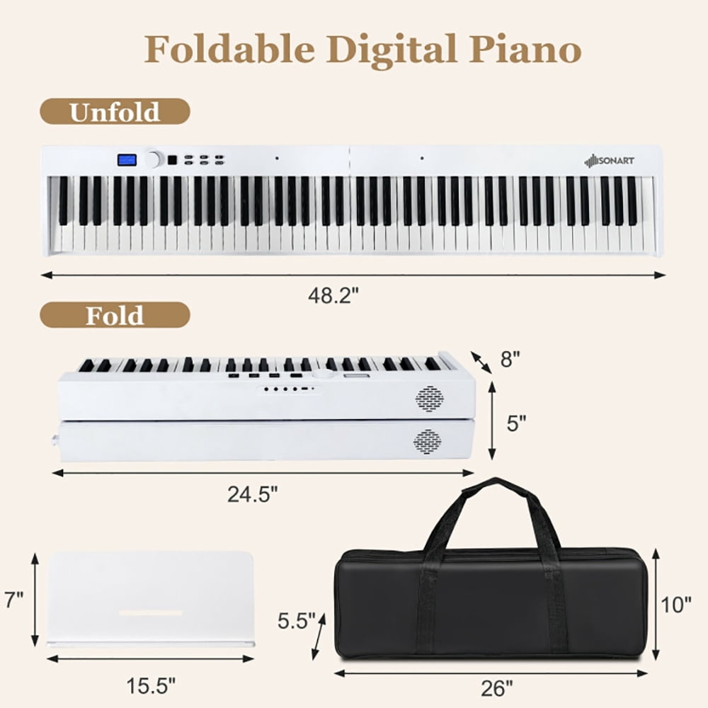 Spaco 88-Key Foldable Digital Piano, Digital Piano with MIDI and Wireless BT, Christmas Birthday Gift for Boy and Girl 3-8 Years Old, White