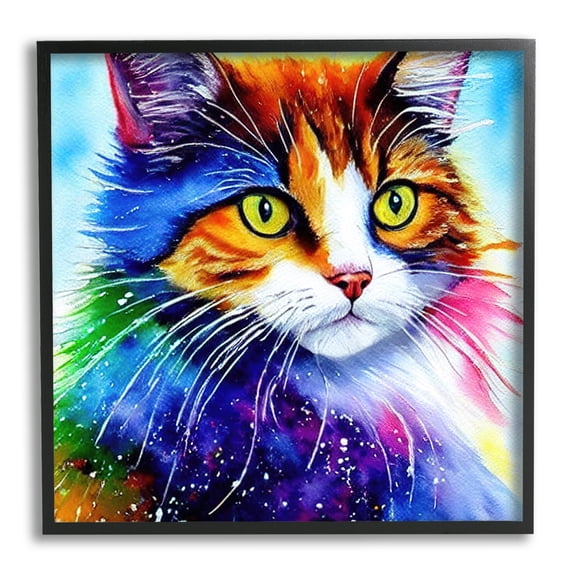 Stupell Bold Rainbow Cat Face Portrait Animals & Insects Painting Black Framed Art Print Wall Art