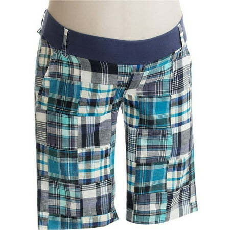 Maternity Demi-Panel Patchwork Plaid Bermuda Shorts