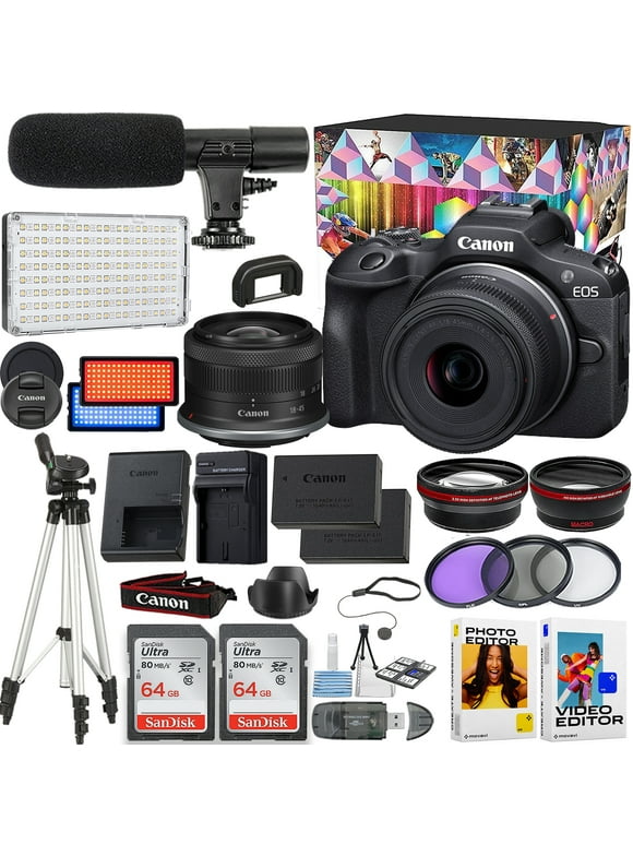 Canon EOS R100 Mirrorless Camera With Video Creator Kit + Canon RF-S 18-45mm f/4.5-6.3 IS STM Lens + 2pc 64GB Memory Cards + Softwear Editor + Tripod & More
