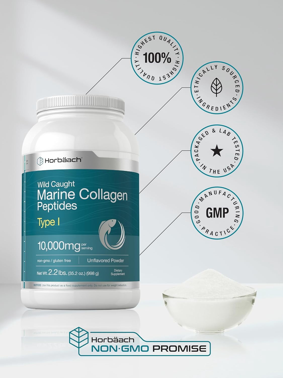 Marine Collagen Powder 2.2 lbs | Hydrolyzed Collagen Peptides | Unflavored | by Horbaach