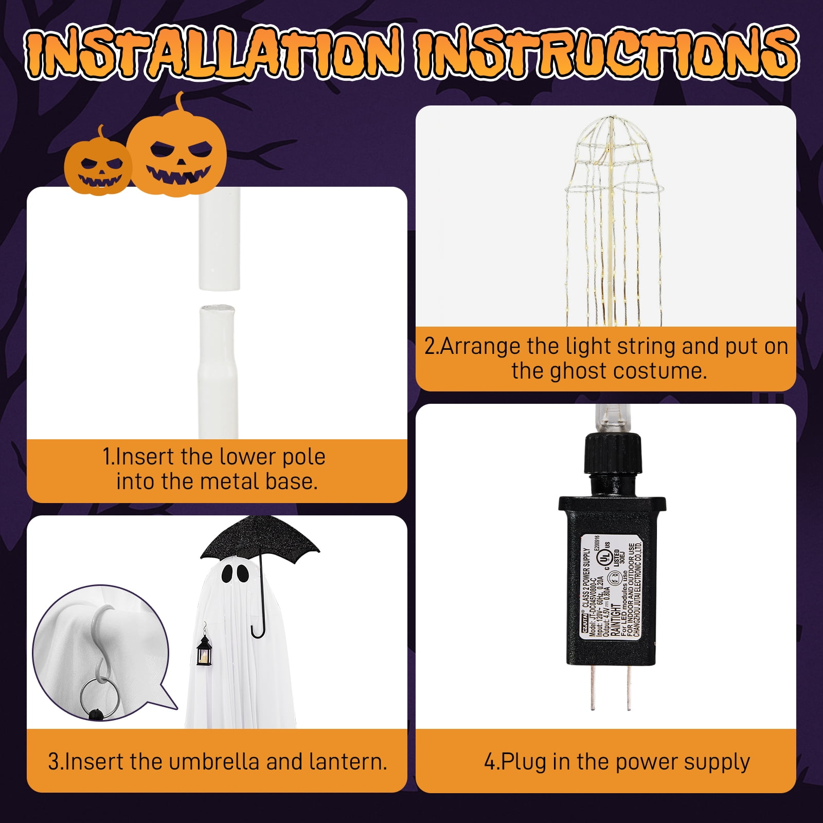 Astoutdoor 5 ft Black and White Umbrella Ghost Halloween Decoration with 100 Warm White LED Lights, 30V 3.6W Adapter, Indoor Outdoor Light-Up Decor