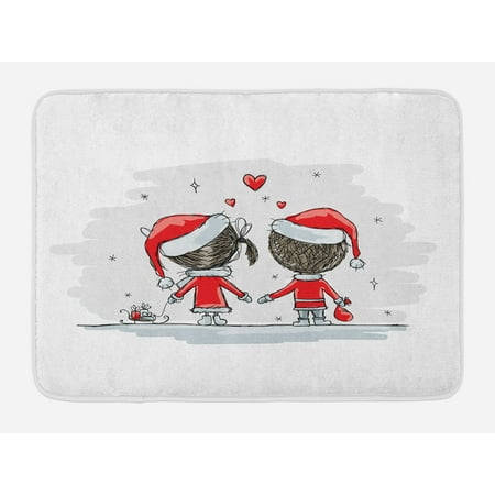 Christmas Bath Mat, Soul Mates Love With Santa Costume Family Romance in Winter Night Picture Print, Non-Slip Plush Mat Bathroom Kitchen Laundry Room Decor, 29.5 X 17.5 Inches, Red White, Ambesonne