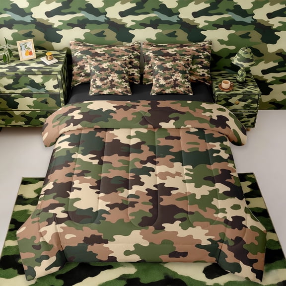 Manfei Camouflage Hunting 7-Piece Twin Bedding Sets,Camo Army Bedding Comforter Set,Green Brown Beige Sheet Sets For Teens,Ultra Soft Home Decor Reversible