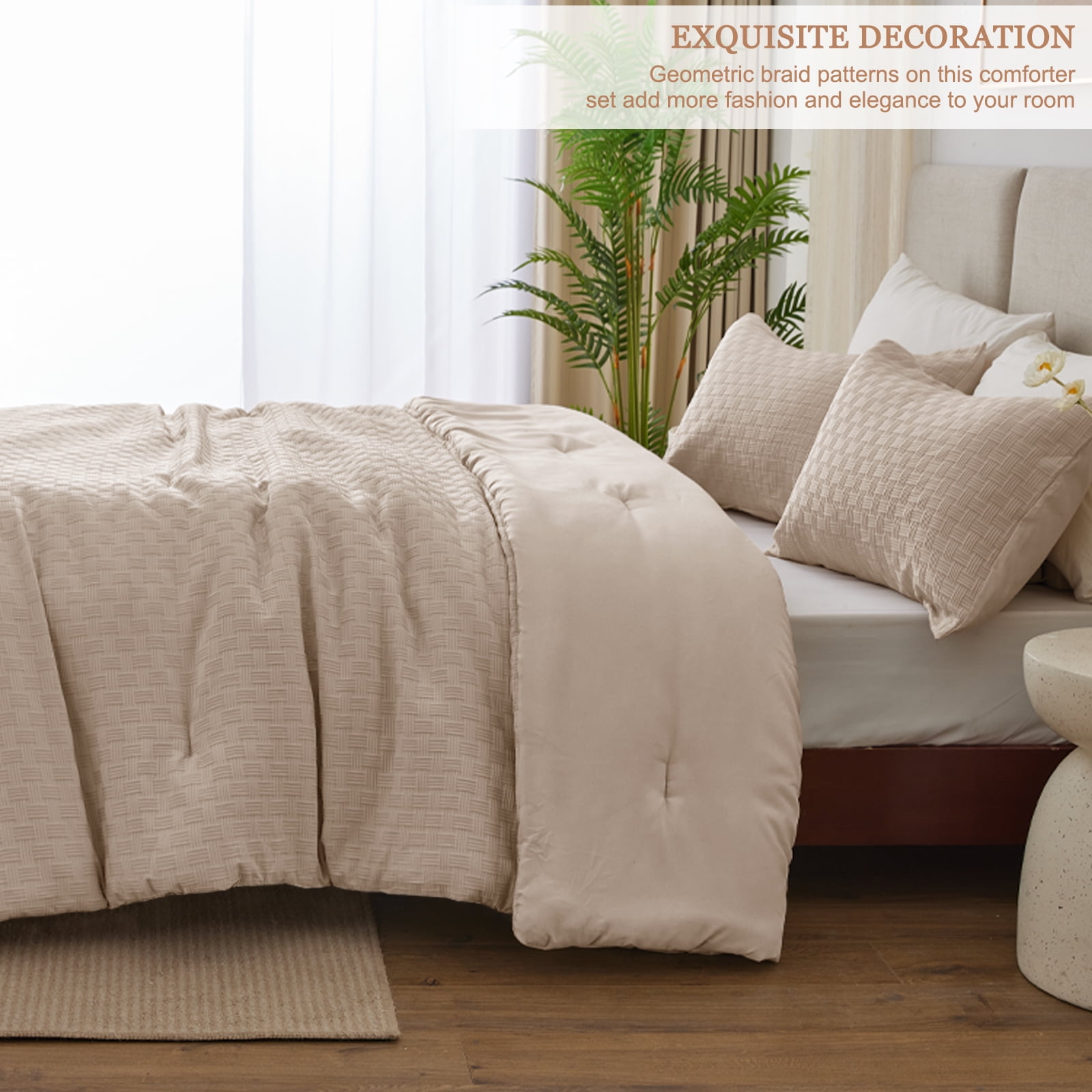 Whale Flotilla 3-Piece Jacquard Braid Ultra Soft Queen Comforter Set, Luxury Reversible Microfiber Comforters Full Size Bedding Set with 2 Pillowcases, Lightweight Duvet for All Seasons, Beige