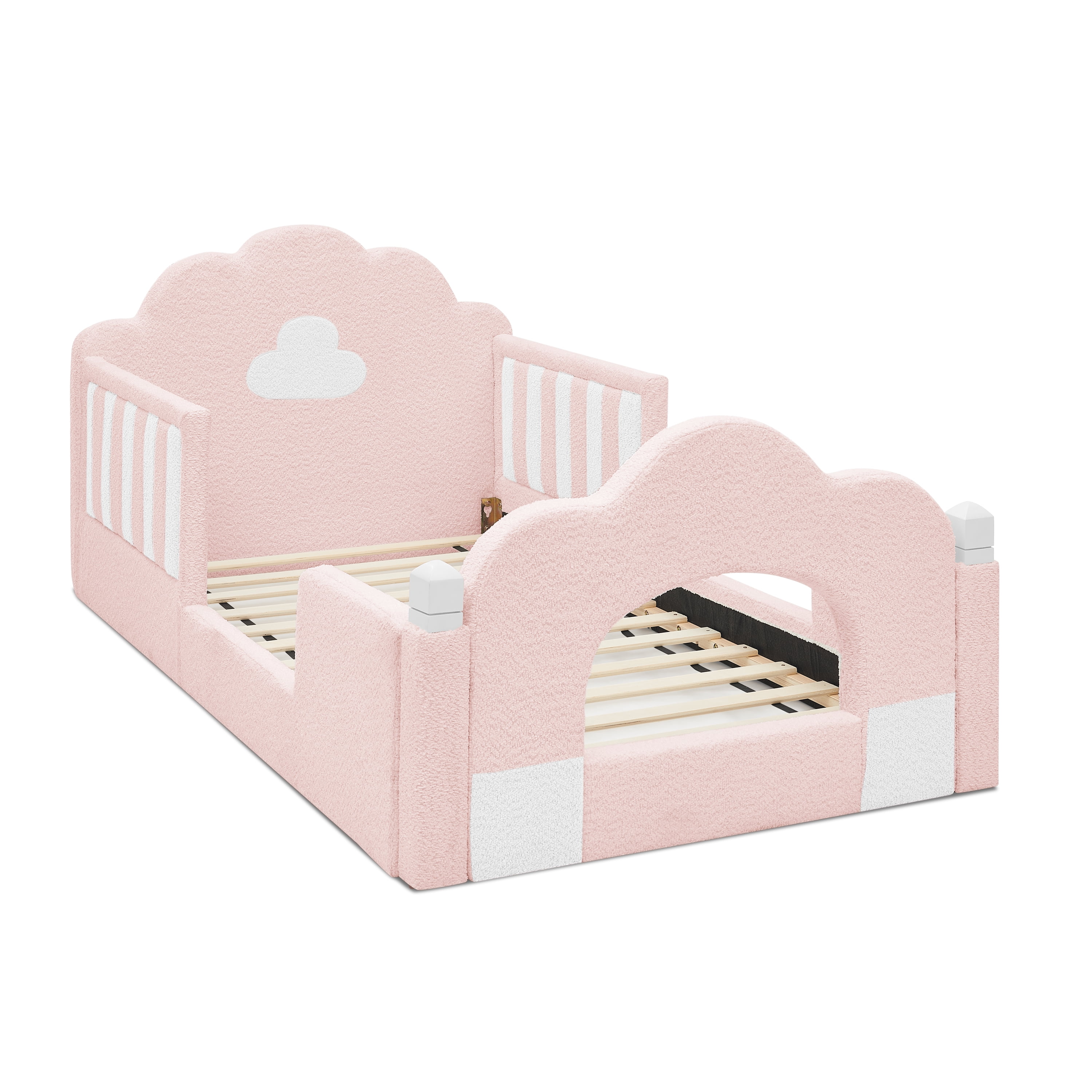 Wakefit Twin Size Kids Cloud Bed with Safety Guardrails,Boucle Upholstered Platform Bed Frame with Wood Slats,Cute Daybed for Girls Boys Bedroom,Pink