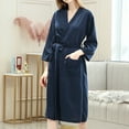 thumbnail image 2 of Defitshape Women's Kimono Bath Robe Knee Length Waffle Bathrobe Soft Lightweight Sleeping Cozy Weave Spa Robe Spring Summer Fall Navy X-Large, 2 of 5