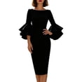 thumbnail image 2 of Karymi Dresses for Women Elegant Solid Midi Sheath Dress, Crew Neck Tiered Bell 3/4 Sleeve Slim Fitting Knee Length Formal Party Wedding Guest Dress, 2 of 6