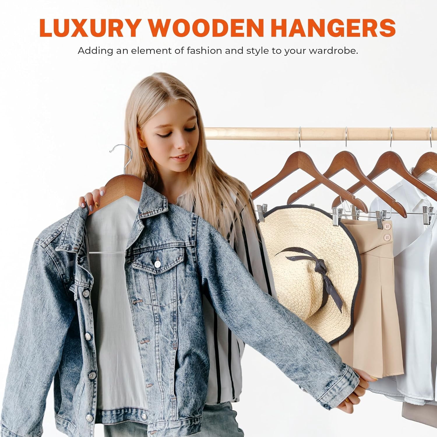 ACSTEP Wooden Hanger with Clips 12 Pack, Premium Coat Hanger, Wooden Clothing Hanger with Shoulder Grooves, 360 Degree Rotatable Hook, Walnut