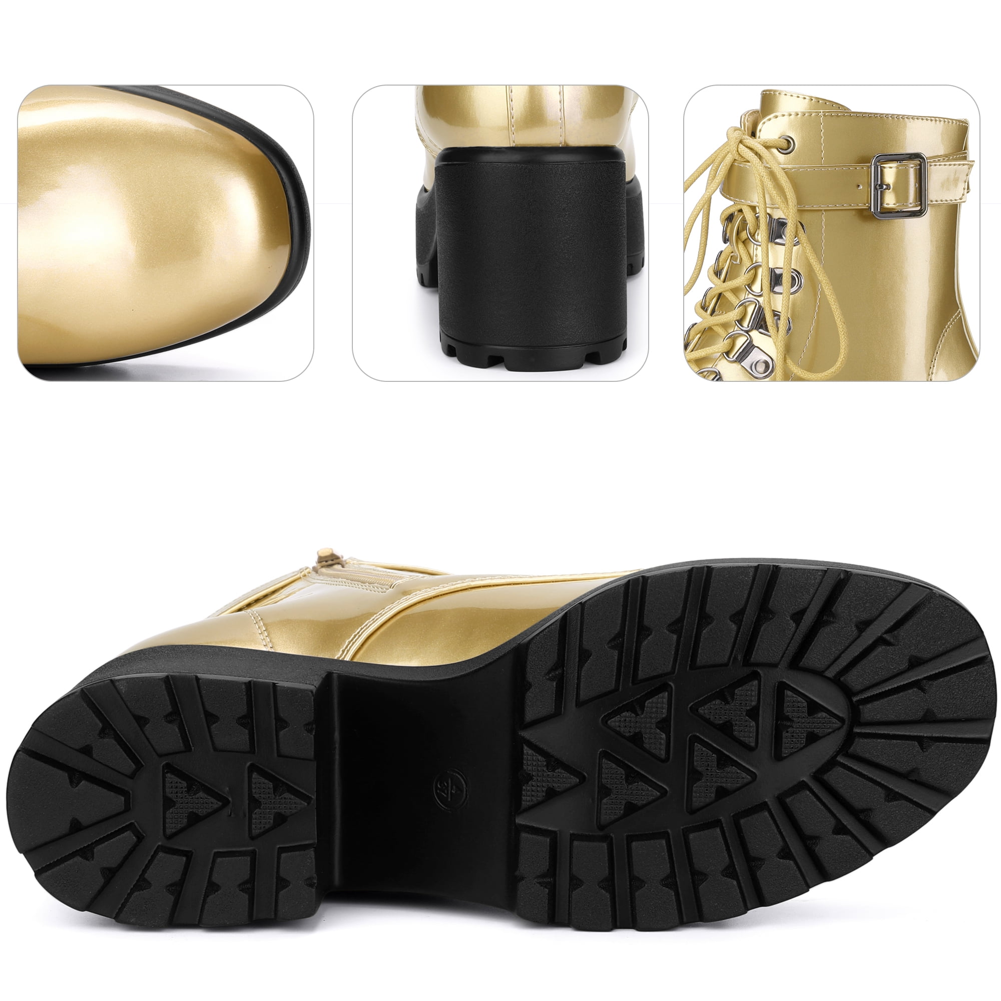 DARING DIVA Stylish Round Toe Platform Chunky Heels Combat Boots Gold 9