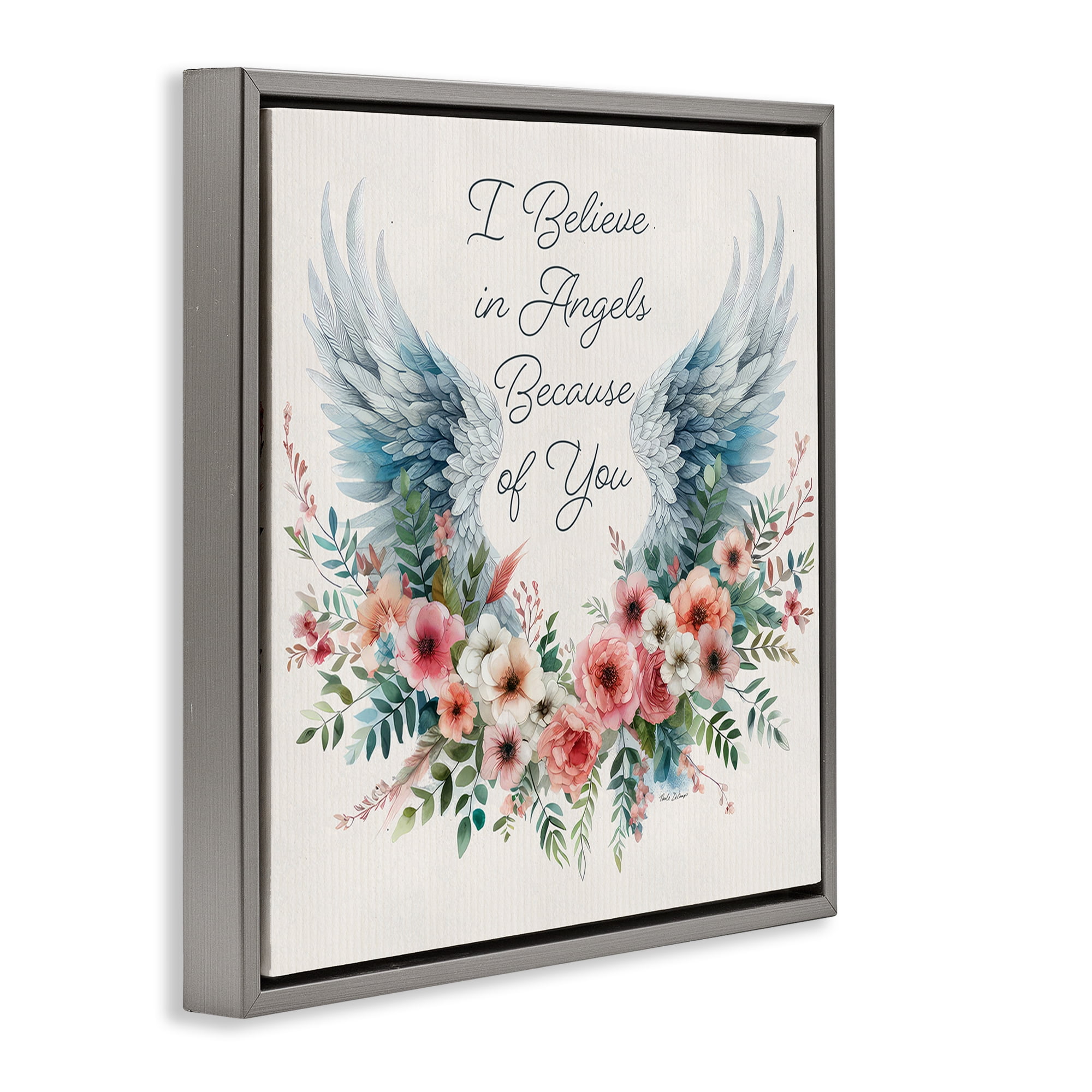 Stupell Industries Floral Believe In Angels Plants & Flowers Painting Gray Floater Framed Canvas Art Print Wall Art, 25 x 25