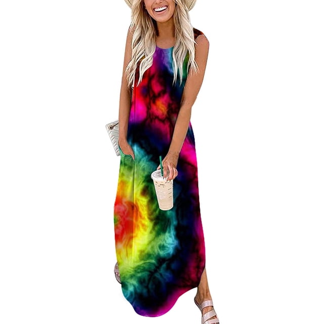 SMihono Robe Maxi Bohème d'Été pour Femmes Grande Taille Robes Maxi pour Femmes d'Été Décontractées Col Rond Croisé Sans Manches Fente Vacances Plage Poches Longue Robe Robe de Plage Évasée