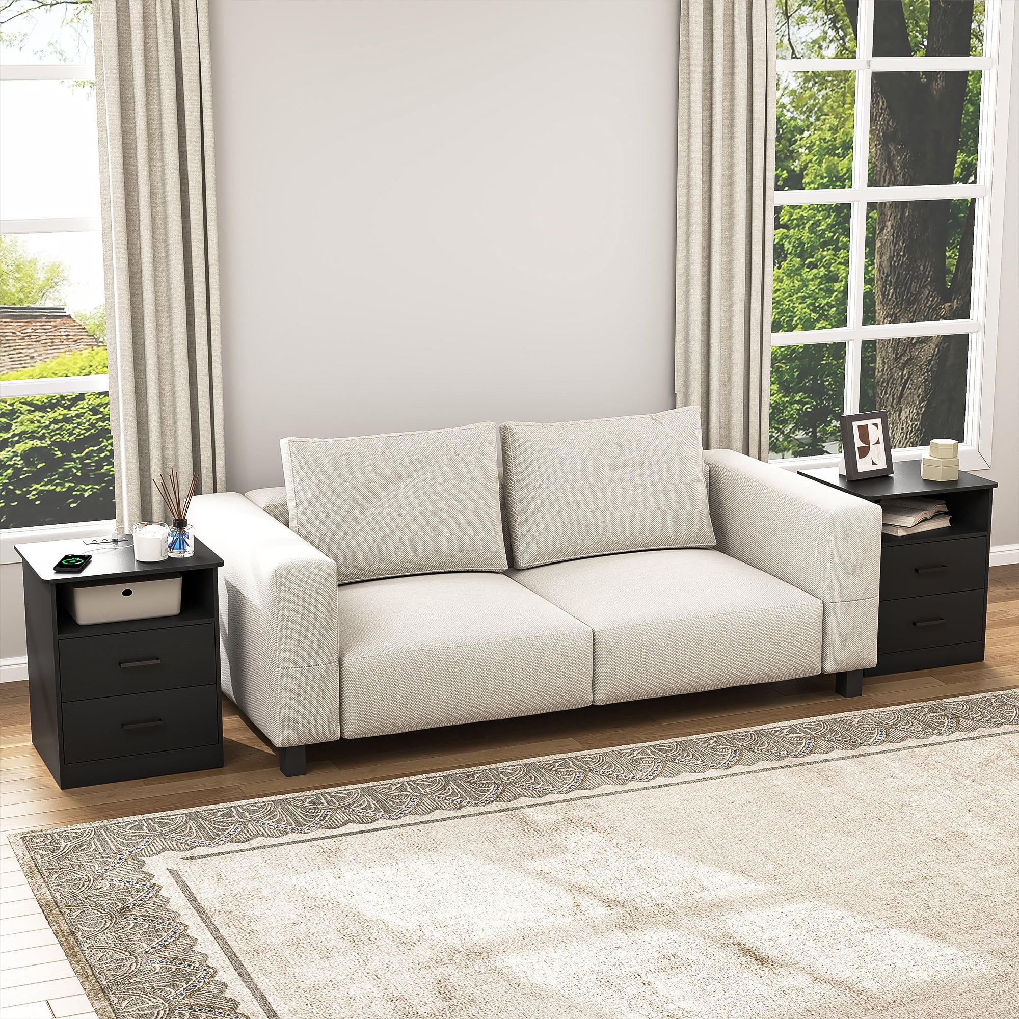 Demi Bonn 18" Side Table with Fast Charging Station USB C Cable Fast Charging, End Table Nightstand with Drawer and Shelf for Bedroom, Living Room, Black